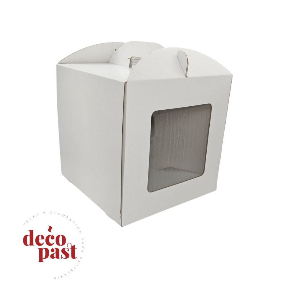 CAJA TARTA 25X25X25 BLANCA CON ASA Y VENTANA CUADRADA - decopast