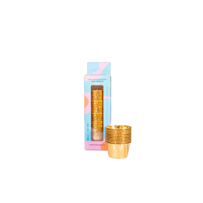  50 MINI CAPSULAS FIESTAS ORO/ORO AZUCREN (3,5 CM. DIMETRO X 3 CM. ALTURA)