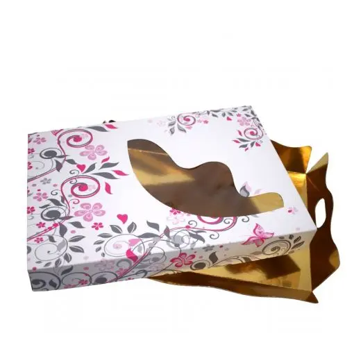 CAJA MARIPOSA 30X22X5 FONDO ORO/BLANCO CON ASA(25UDS)