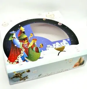 CAJA ROSCN DE REYES 33x33x8 CM CON VENTANA (15UDS)