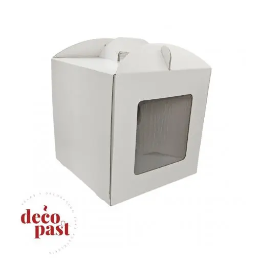 CAJA TARTA 25X25X25 BLANCA CON ASA Y VENTANA CUADRADA - decopast