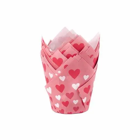 50 TULIPAS ROSAS CON CORAZONES SAN VALENTIN PARA MUFFIN AZUCREN